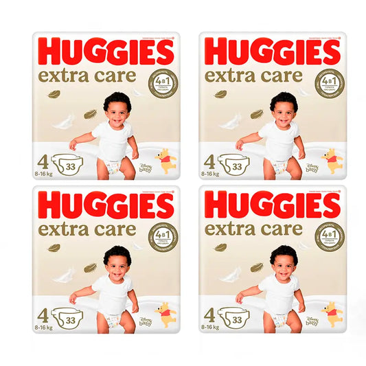 Fralda Huggies 4X Pack Extra Care Tamanho 4 (8-14Kg), 132 unidades.