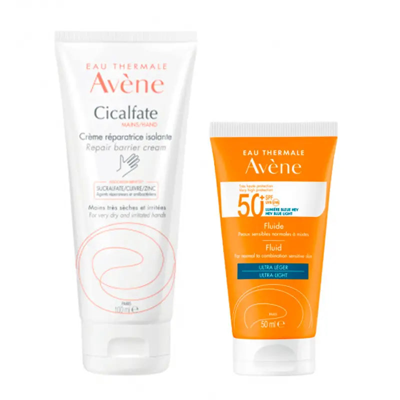 Avène Pack Cicalfate crema de manos reparadora efecto barrera, 50 ml + Avéne Fluido SPF 50+, 50 ml