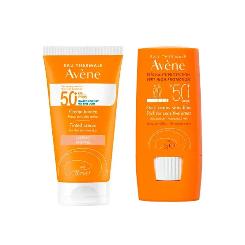 Avene Protector Solar Pele Sensível SPF50+ Cor 50 ml+ Avene Stick Solar SPF 50+ Zonas Sensíveis 8 gr