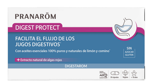 Pranarom Digest Protect Apoia o fluxo dos sucos digestivos Óleos essenciais de limão e cominho 100% puros e naturais Extrato natural de algas vermelhas Vegan , 30 cápsulas