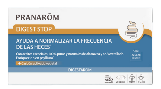 Pranarom Digest Stop Normalize La Fréquence Des Selles Óleos essenciais de carvi e anis estrelado 100% puro e natural Carvão ativado vegan, 20 cápsulas