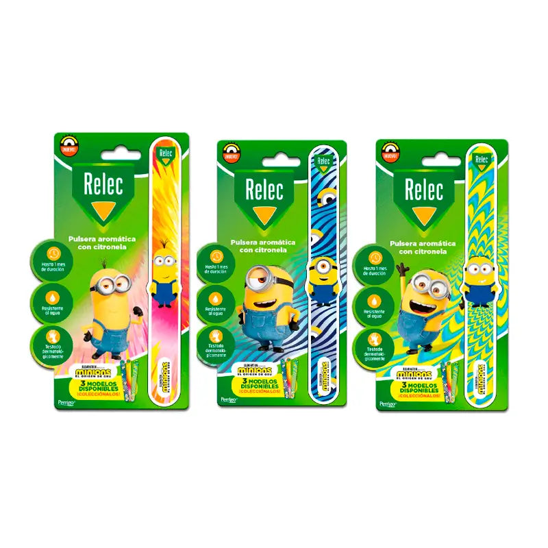 Pulseira de controlo de mosquitos Relec Pack Kids Minions (Amarelo + Rosa + Azul)