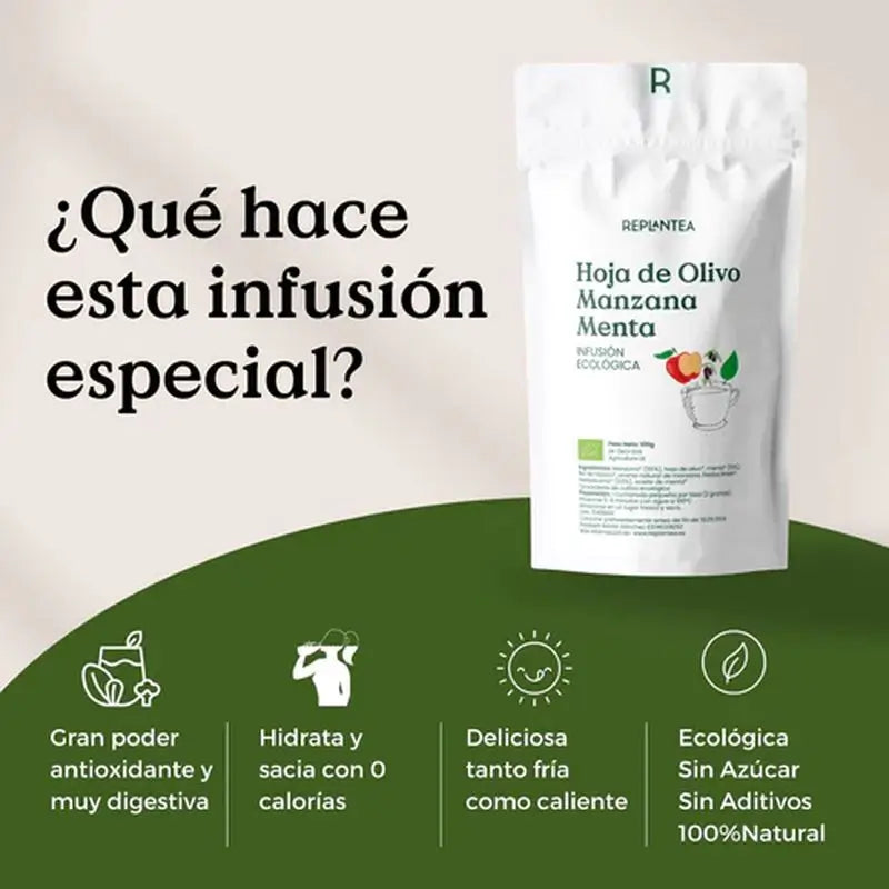 Replantea Infusión De Hoja De Olivo, Manzana Y Menta Ecológica, 100 gr