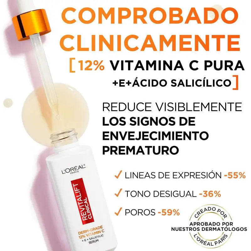 L'Oréal Paris Revitalift Clinical Serum [Wrinkle-Tone-Pores] Com 12% de Vitamina C Pura + Vitamina E + Ácido Salicílico.