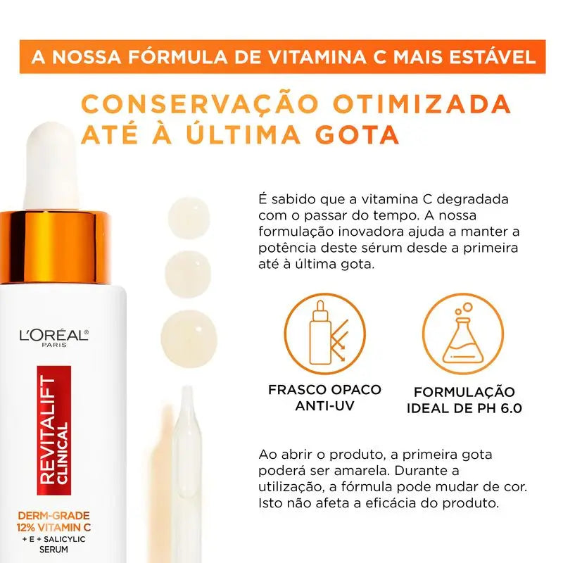 L'Oréal Paris Revitalift Clinical Serum [Wrinkle-Tone-Pores] Com 12% de Vitamina C Pura + Vitamina E + Ácido Salicílico.