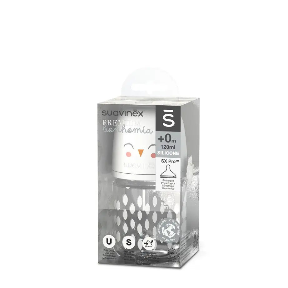 Suavinex Biberón De Vidrio De 120 Ml. Tetina Fisiológica Sx Pro De Silicona. Biberón De Flujo Lento. +0 Meses. Bonhomia, Beige