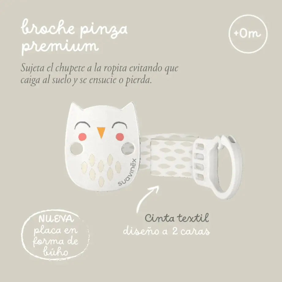 Suavinex Broche Pinza Con Cinta. Cadena Para Chupete Con Cinta Textil, Con Diseño A Dos Caras. +0 Meses. Beige