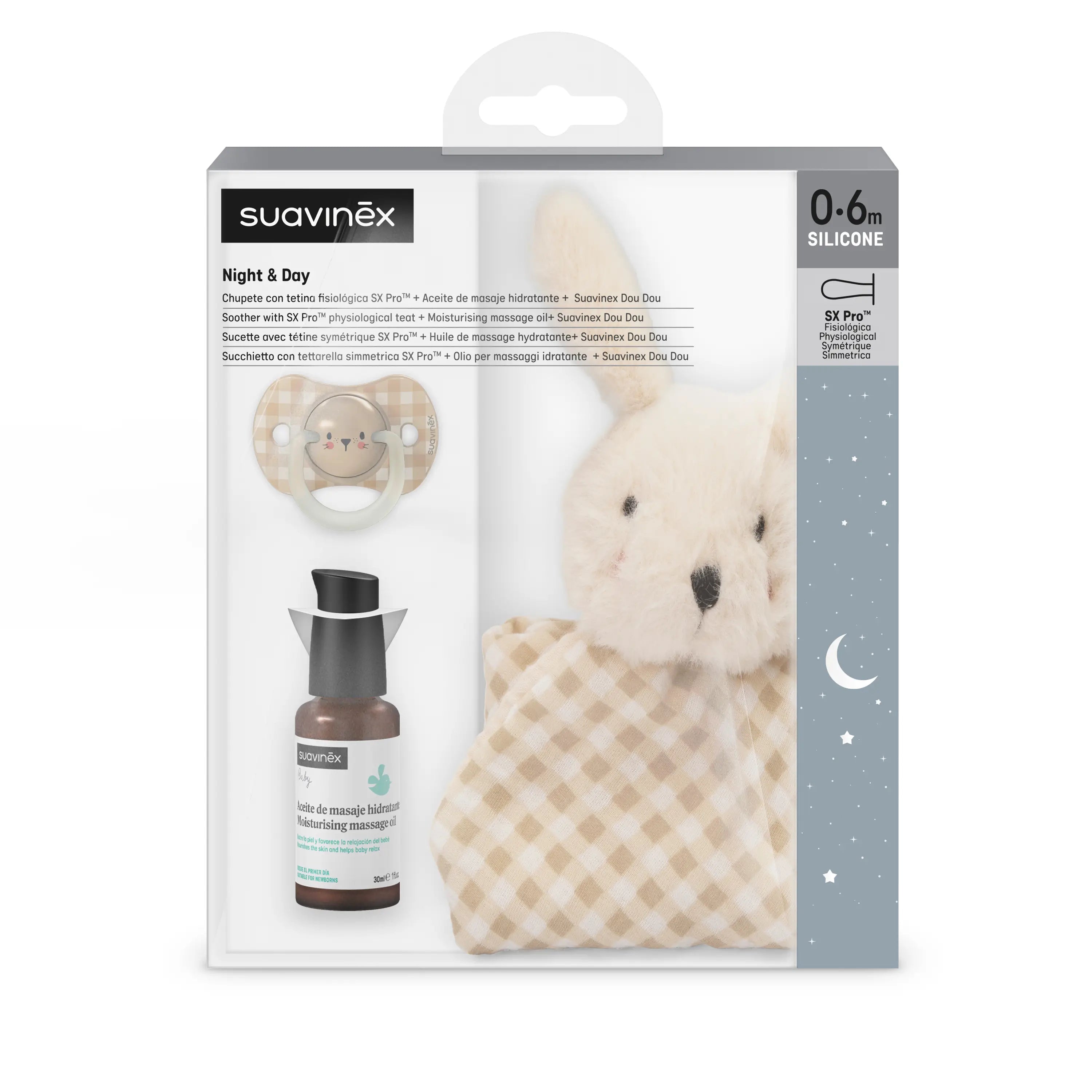 Pack Bebé Suavinex: Doudou + Chupeta 0/6 Meses Tetina Fisiológica + Óleo de Massagem Hidratante