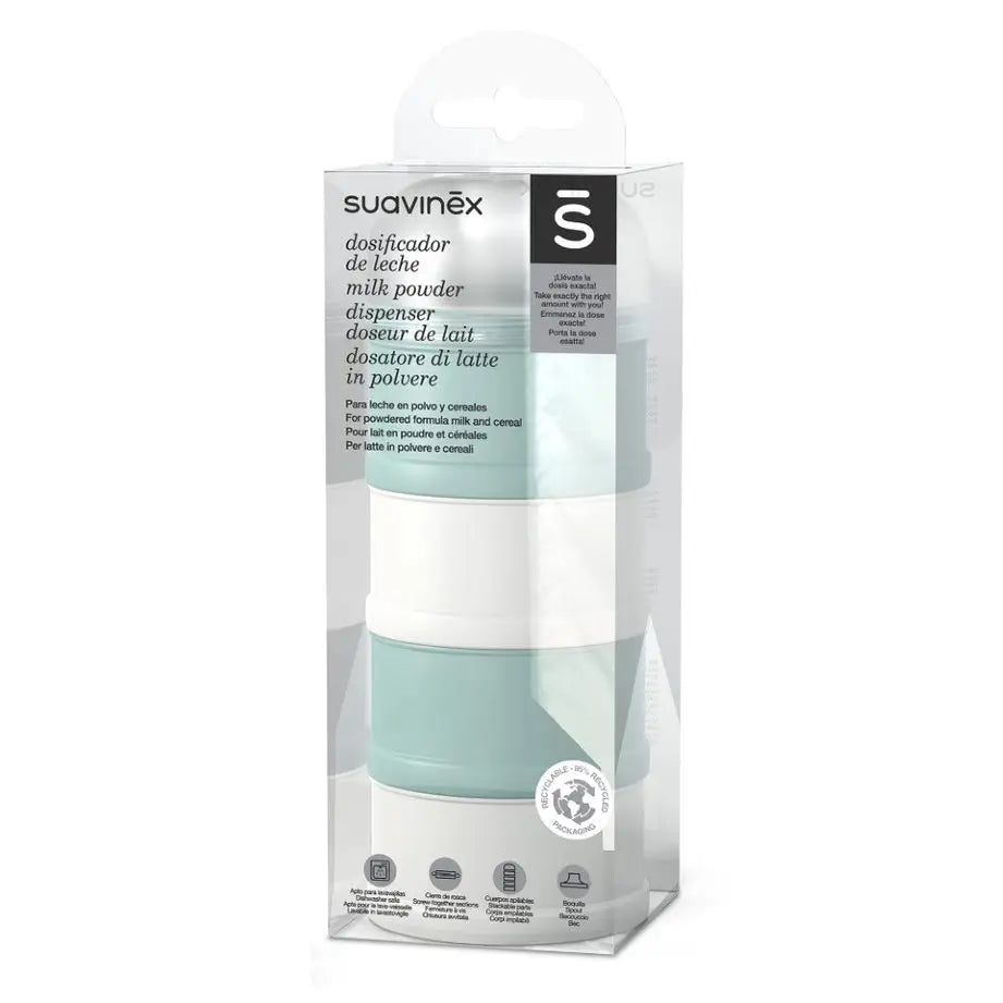 Suavinex Dosificador De Leche En Polvo Y Cereales. Con 4 Compartimentos, Boquilla Y Cierre De Rosca. Color Verde 