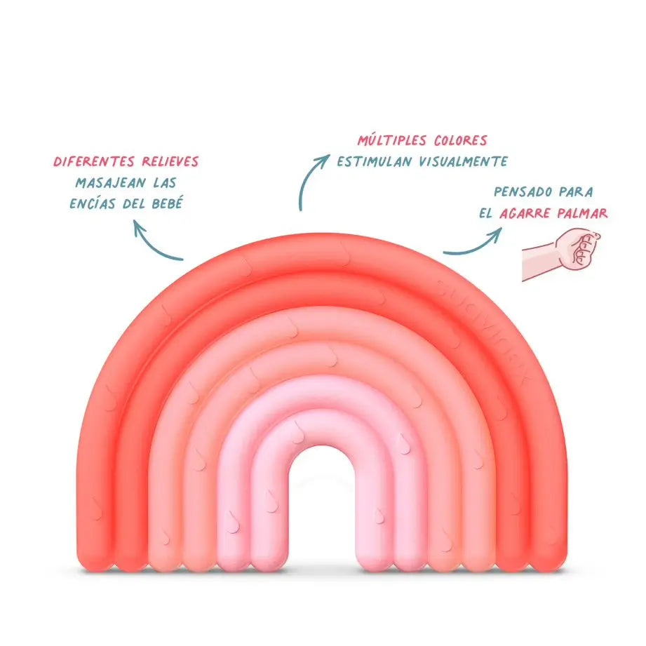 Suavinex Mordedor De Silicona Para Bebés +0 Meses. Anillo De Dentición Flexible Y Ligero. Diseño Arcoiris. Color Rosa 