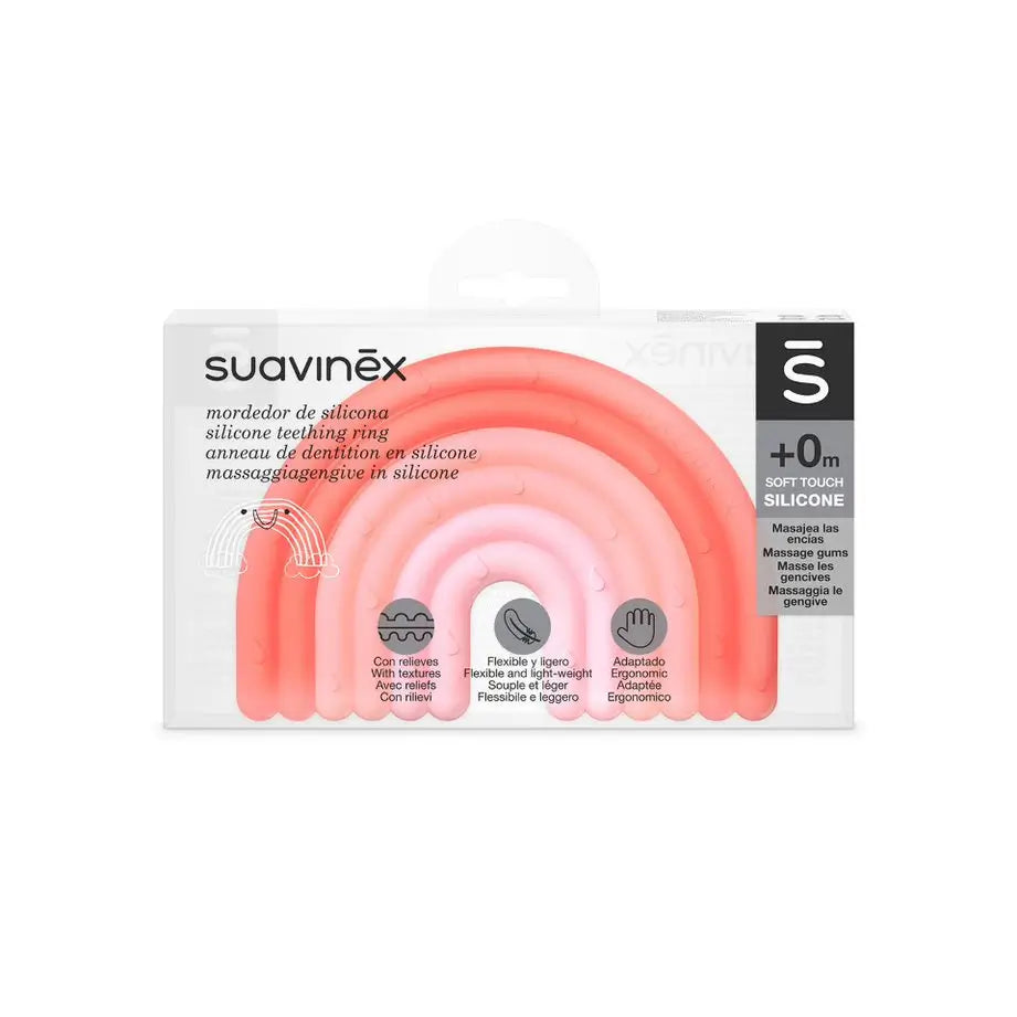 Suavinex Mordedor De Silicona Para Bebés +0 Meses. Anillo De Dentición Flexible Y Ligero. Diseño Arcoiris. Color Rosa 