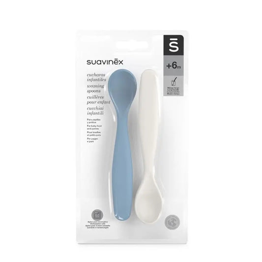 Suavinex Pack 2 Colheres para bebés. Adequadas para gengivas sensíveis. Ideal para comida de bebé e papas. +4 Meses, Azul + Cinzento