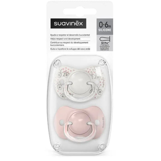 Pacote de chupetas Suavinex rosa com tetina de silicone fisiológica Sx Pro, 0-6 meses, 2 unidades