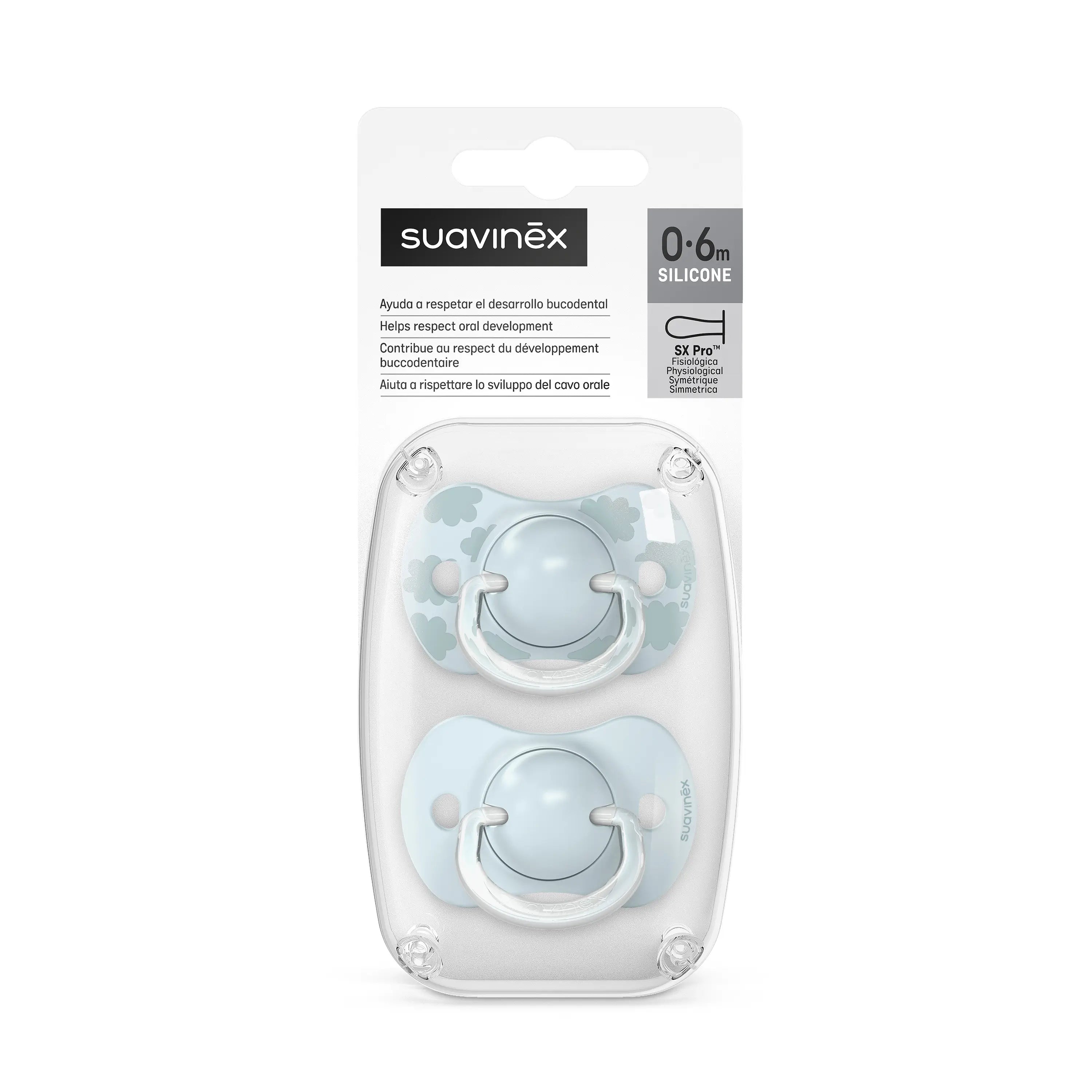 Suavinex Conjunto de 2 chupetas azuis com tetina de silicone fisiológica Sx Pro, 0-6 meses, 2 unidades