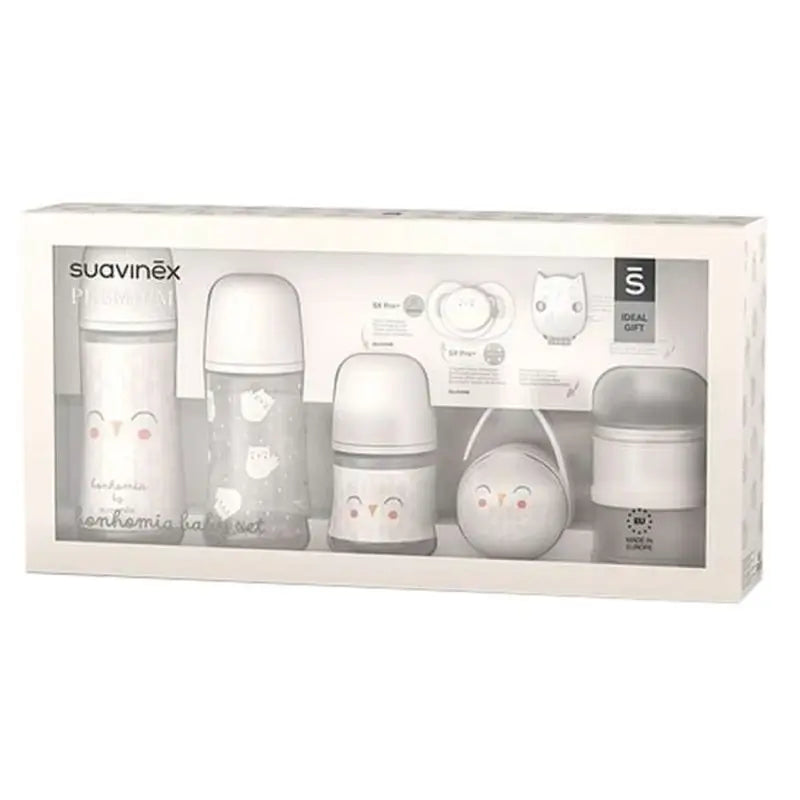 Suavinex Set Biberão 150 Ml + 270 Ml + 360 Ml + Chupeta 0-6 Meses + Dispensador + Suporte de Chupeta + Clip Clip. Bonhomia, Cinzento