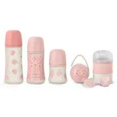 Suavinex Set Biberón 150 Ml + 270 Ml + 360 Ml + Chupete 0-6 Meses + Dosificador + Portachupetes + Broche Pinza. Bonhomia, Rosa