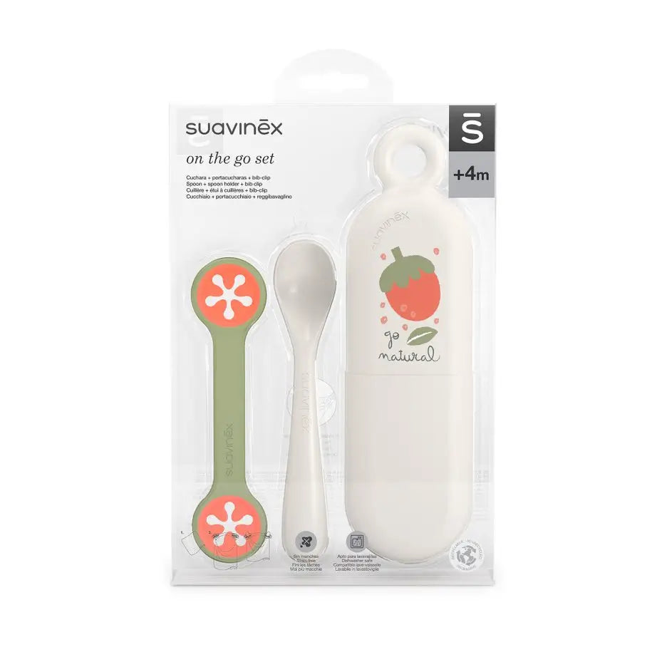 Suavinex Set Cuchara + Portacucharas + Sujeta-Baberos. Para Comer Fuera De Casa. Para Bebés +4 Meses, Gris