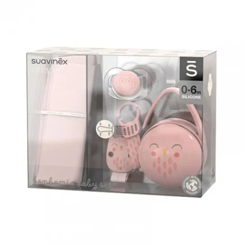 Conjunto de oferta para recém-nascido Suavinex: Musselina de algodão + Chupeta + Pin Clip + Porta-chupeta Duo (4 peças). Bonhomia, Rosa