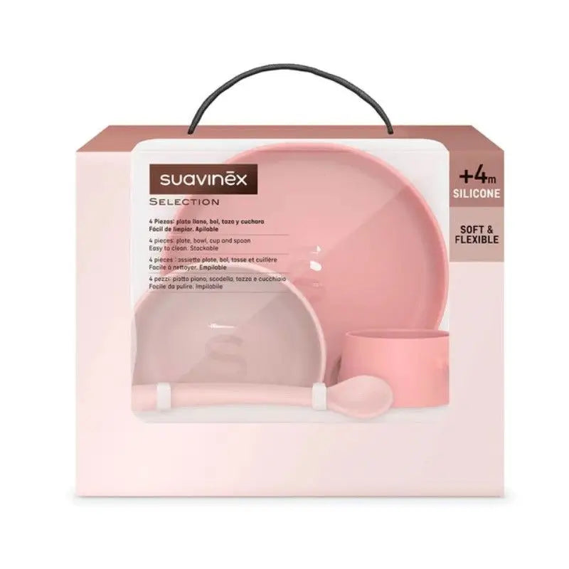 Suavinex Talheres de silicone 4 peças. Resistente à ventosa. +4M. Serviço de mesa para crianças com taça + prato + copo + colher. Cor-de-rosa