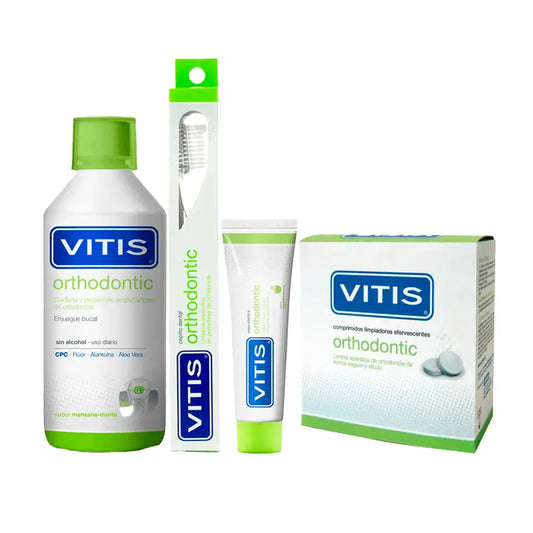 VITIS Pack Ortodontia/ Ortodontia (Elixir bucal 1000ml+ Pasta dentífrica 100ml+ 32 Comprimidos + Escova de dentes ortodôntica)