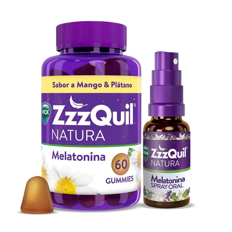 ZzzQuil Natura Melatonina Embalagem Gomas Manga & Banana 60 Gomas + Spray 30ml